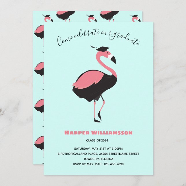 Pink Flamingo Blue Animal Graduation Invitation (Front/Back)