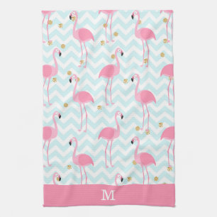 Pink Flamingo Blue Chevron Stripe Monogram Tea Towel