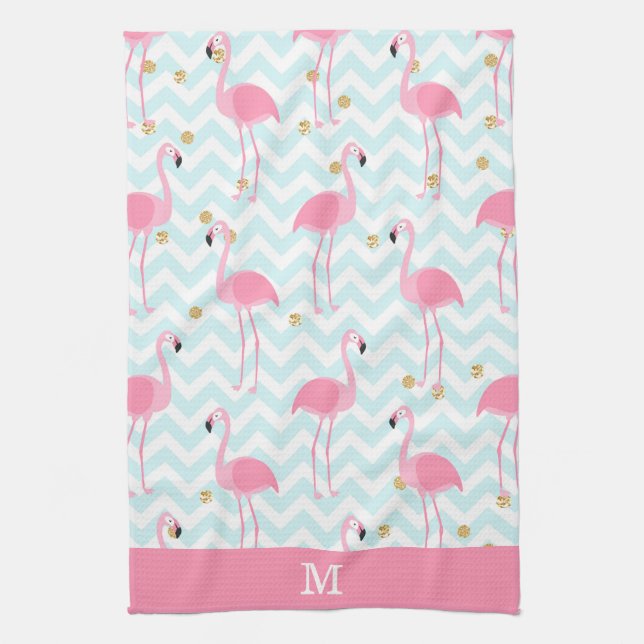 Pink Flamingo Blue Chevron Stripe Monogram Tea Towel (Vertical)
