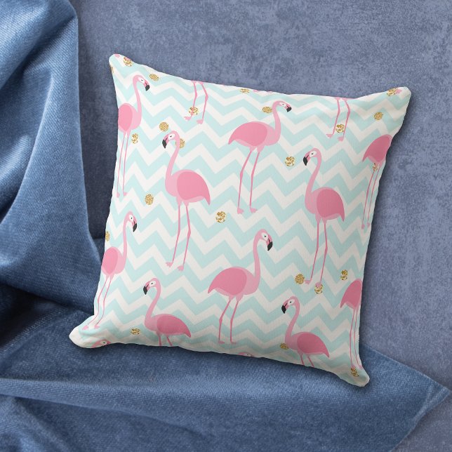 Pink Flamingo Blue Chevron Stripe Pattern Cushion (Creator Uploaded)