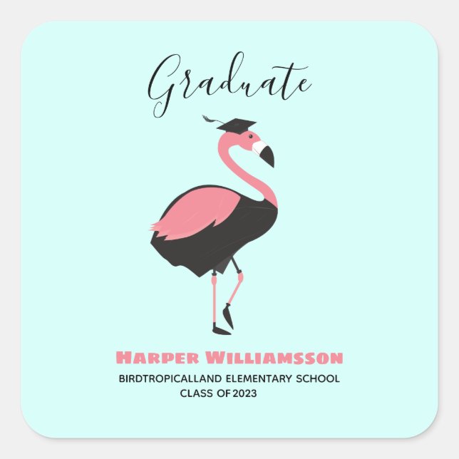 Pink Flamingo Blue Graduation Square Sticker (Front)