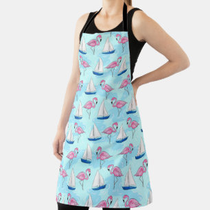 Pink Flamingo Blue Sailboat Nautical Apron