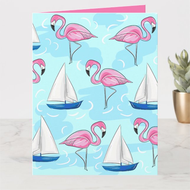 Pink Flamingo Blue Sailboat Preppy Card (Small Plant)