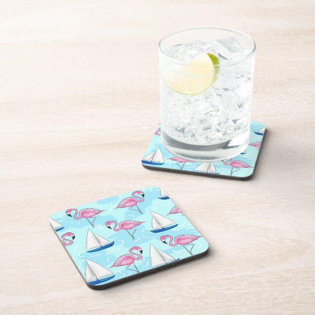 Pink Flamingo Blue Sailboat Preppy Coaster (Right Side)