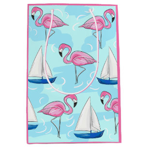 Pink Flamingo Blue Sailboat Preppy Medium Gift Bag
