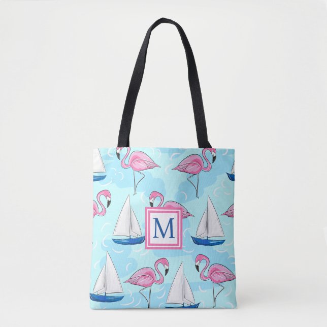 Pink Flamingo Blue Sailboat Preppy Monogram Tote Bag (Front)