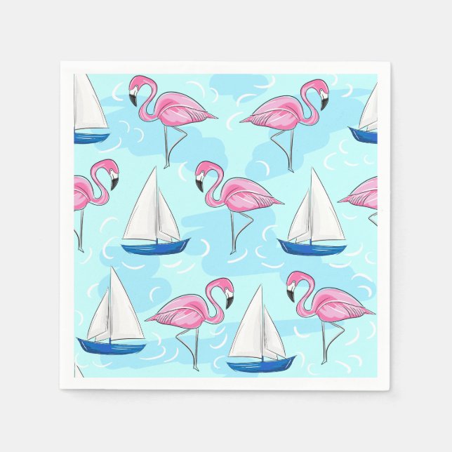 Pink Flamingo Blue Sailboat Preppy Napkin (Front)