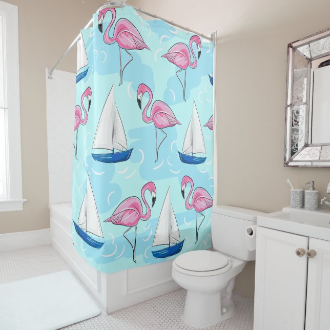 Pink Flamingo Blue Sailboat Preppy Shower Curtain (In Situ)