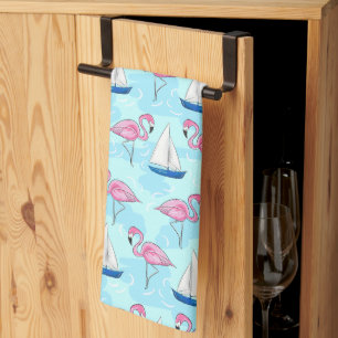 Pink Flamingo Blue Sailboat Tropical Nautical Tea Towel