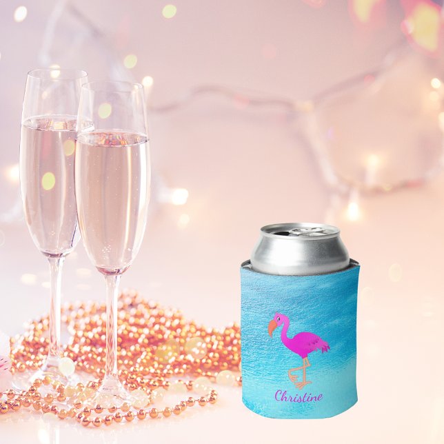 Pink flamingo blue sea monogram can cooler (Creator Uploaded)