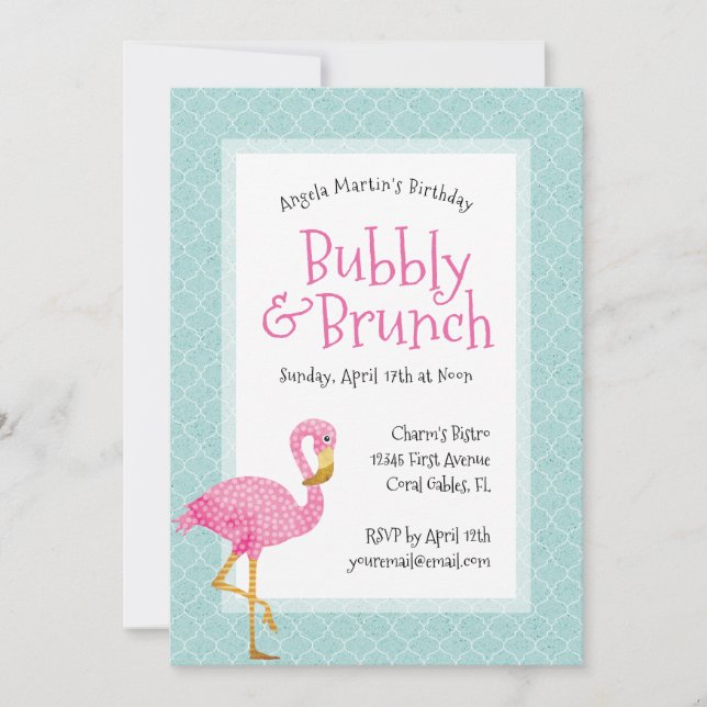 Pink Flamingo Bubbly Birthday Brunch Invitation (Front)