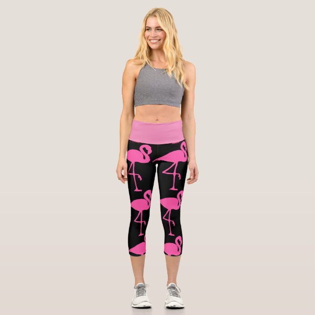 PINK FLAMINGO CAPRI YOGA LEGGINGS PANTS (Front)