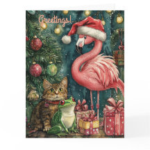 Pink Flamingo Cat & Frog Tropical Christmas 
