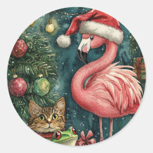 Pink Flamingo Cat & Frog Tropical Christmas  Classic Round Sticker