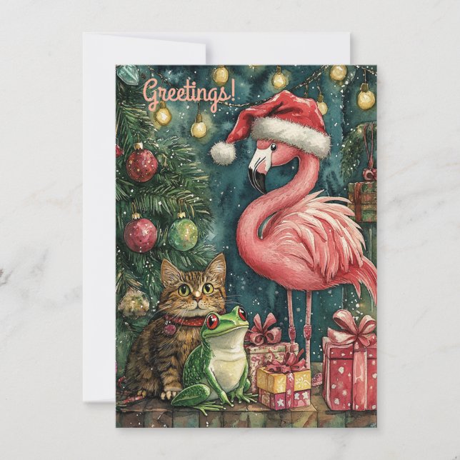 Pink Flamingo Cat & Frog Tropical Christmas  Holiday Card (Front)