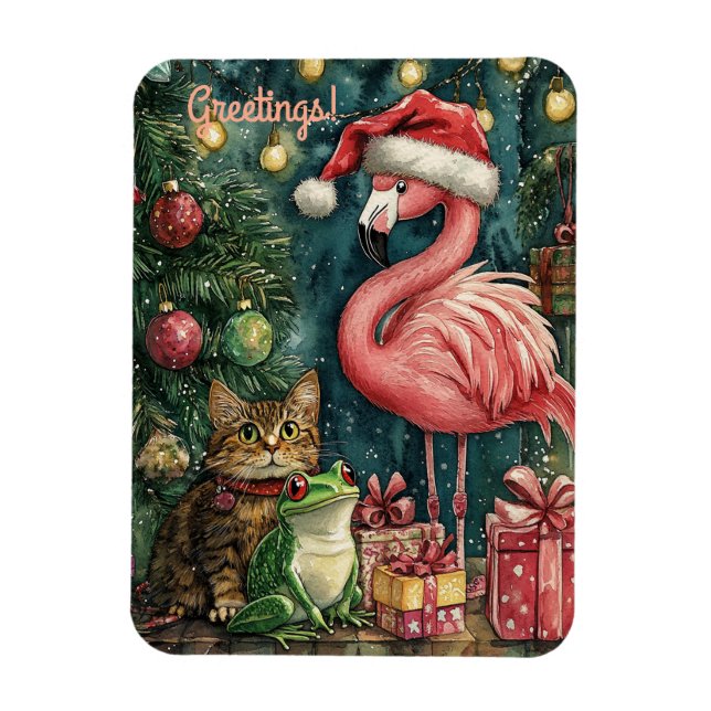 Pink Flamingo Cat & Frog Tropical Christmas  Magnet (Vertical)