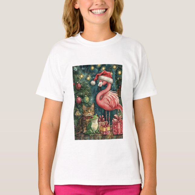 Pink Flamingo Cat & Frog Tropical Christmas  T-Shirt (Front)