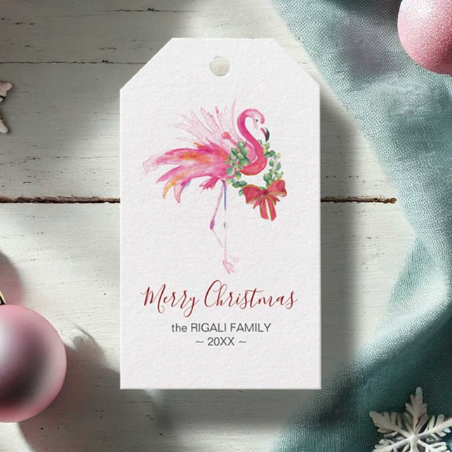Pink Flamingo Christmas Holiday Gift Tags (Pink flamingo Christmas tags feature watercolor tropical art by Victoria Grigaliunas Do Tell A Belle)