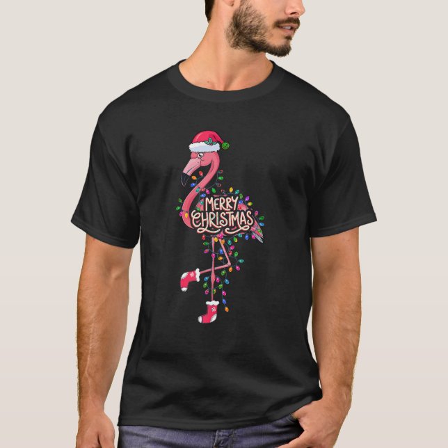 Pink Flamingo Christmas Lighting Xmas Tree Santa H T-Shirt (Front)