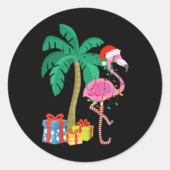 Pink Flamingo Christmas Palm Tree Tropical Xmas Fu Classic Round Sticker (Front)