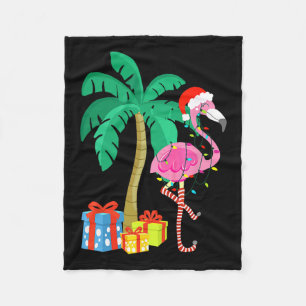 Pink Flamingo Christmas Palm Tree Tropical Xmas Fu Fleece Blanket