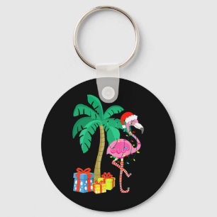 Pink Flamingo Christmas Palm Tree Tropical Xmas Fu Key Ring