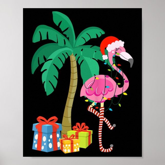 Pink Flamingo Christmas Palm Tree Tropical Xmas Fu Poster (Front)