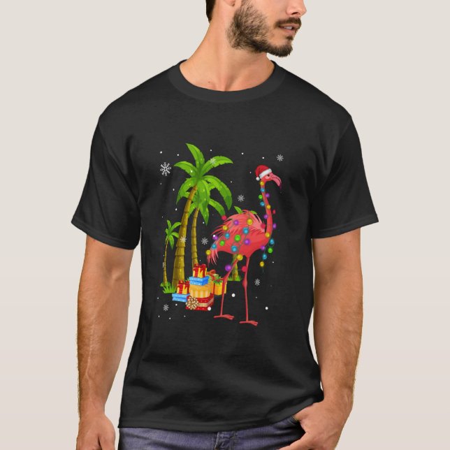 Pink Flamingo Christmas Palm Tree Tropical Xmas Fu T-Shirt (Front)