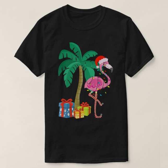 Pink Flamingo Christmas Palm Tree Tropical Xmas Fu T-Shirt (Design Front)