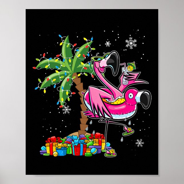 Pink Flamingo Christmas Palm Tree Tropical Xmas Ho Poster (Front)