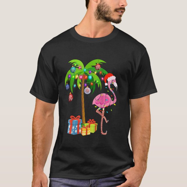 Pink Flamingo Christmas Palm Tree Tropical Xmas Ho T-Shirt (Front)