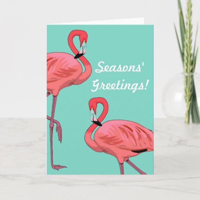 Pink Flamingo Christmas Seasons Greetings Holiday Card (Front)