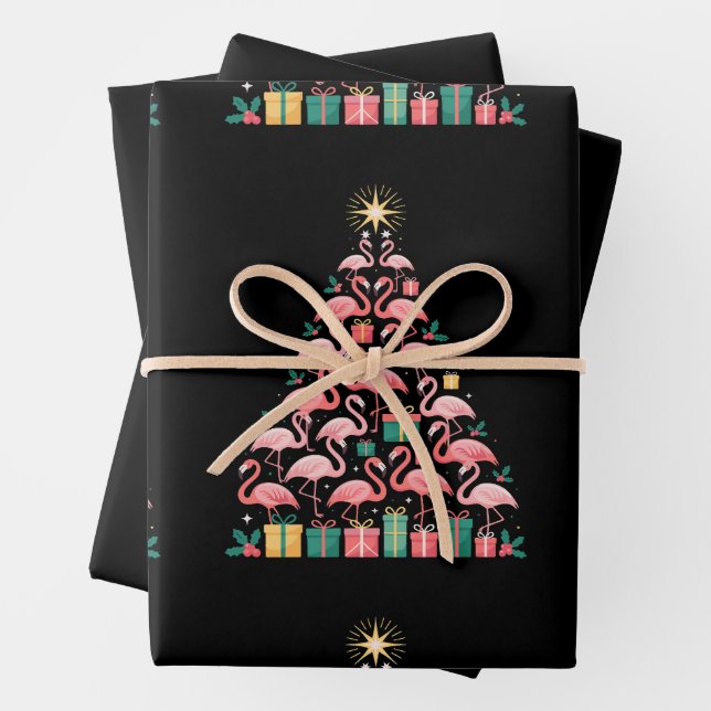 Pink Flamingo Christmas Tree Cute Xmas Holiday Wrapping Paper Sheet (In situ)