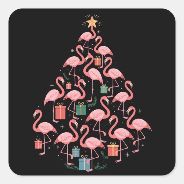 Pink Flamingo Christmas Tree Flamingos Holiday Square Sticker (Front)