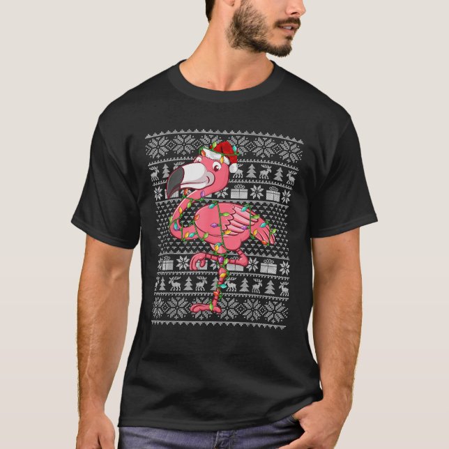 Pink Flamingo Christmas Ugly Sweater Style Lights  (Front)
