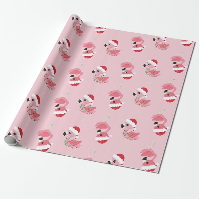 Pink Flamingo Christmas Wrapping Paper (Unrolled)