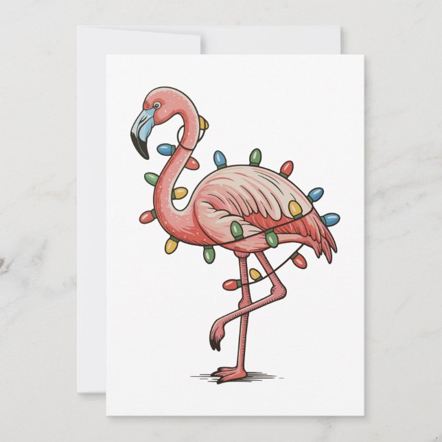 Pink Flamingo Christmas Xmas Lights Holiday Card (Front)