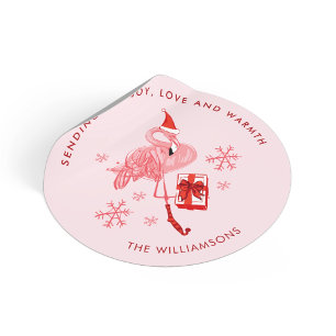 Pink Flamingo Coastal Christmas Watercolor Classic Round Sticker