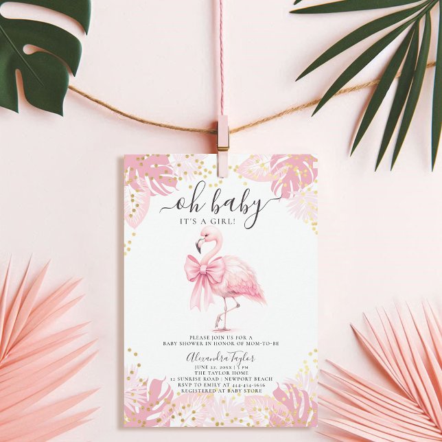 Pink Flamingo Coquette Tropical Girl Baby Shower Invitation (pink flamingo girl baby shower invitation bow coquette watercolor tropical botanical foliage cute)
