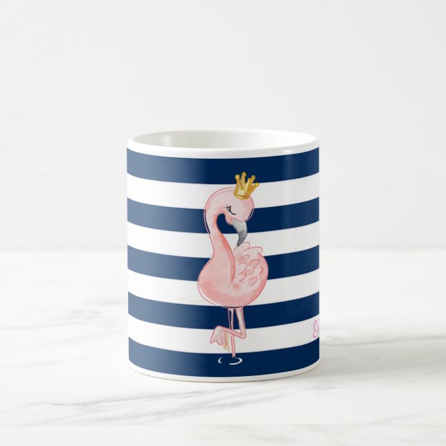 Pink Flamingo,Crown Navy Blue Stripes Coffee Mug (Center)