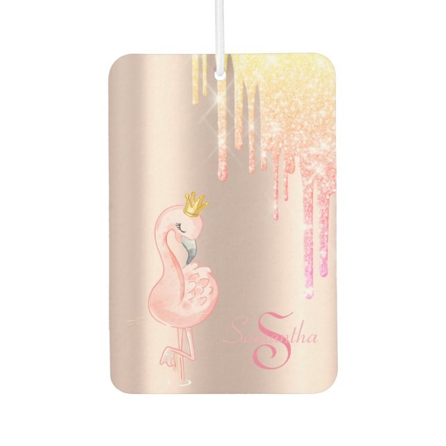 Pink Flamingo Crown, Rose Gold, Glitter Drips Car Air Freshener (Front)
