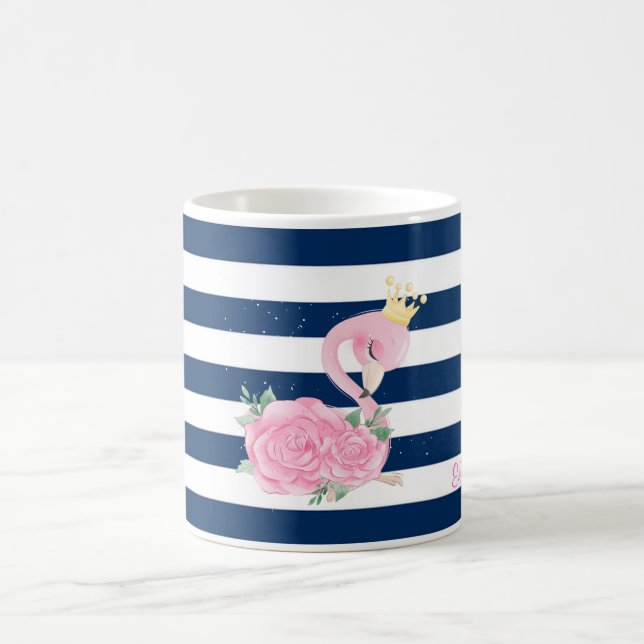 Pink Flamingo,Crown,Roses Navy Blue Stripes Coffee Mug (Center)