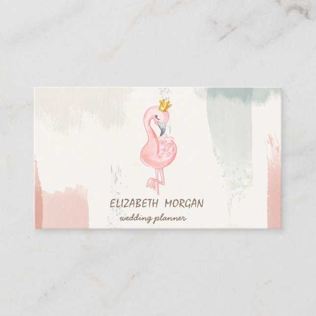 Pink Flamingo Crown,  Watercolor Brush Stroke Business Card (Front)