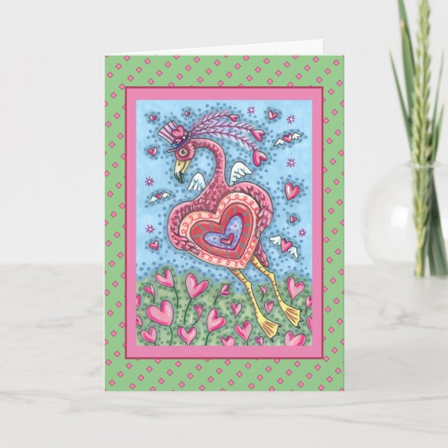 PINK FLAMINGO CUPID AND FLYING HEARTS VALENTINE HOLIDAY CARD (Front)