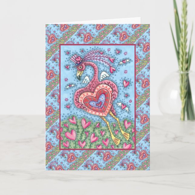 PINK FLAMINGO CUPID AND FLYING HEARTS VALENTINE HOLIDAY CARD (Front)