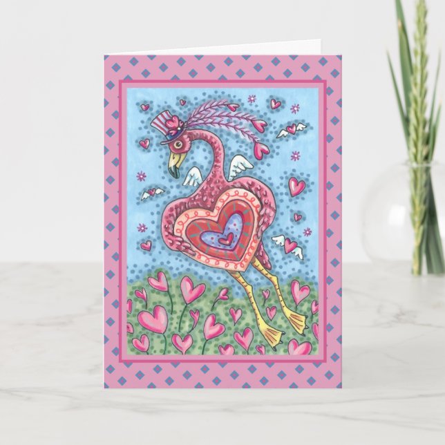 PINK FLAMINGO CUPID AND FLYING HEARTS VALENTINE HOLIDAY CARD (Front)