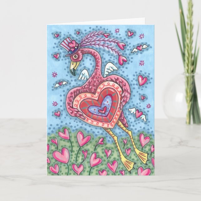 PINK FLAMINGO CUPID AND FLYING HEARTS VALENTINE HOLIDAY CARD (Front)