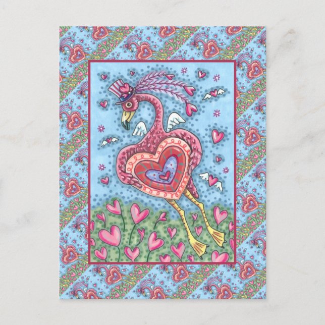 PINK FLAMINGO CUPID AND FLYING HEARTS VALENTINE HOLIDAY POSTCARD (Front)