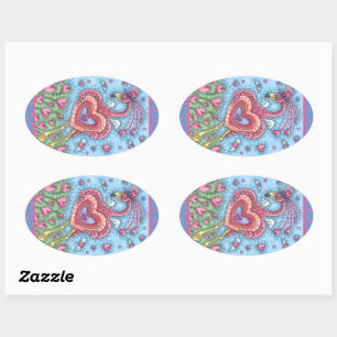 PINK FLAMINGO CUPID AND FLYING HEARTS VALENTINE OVAL STICKER
