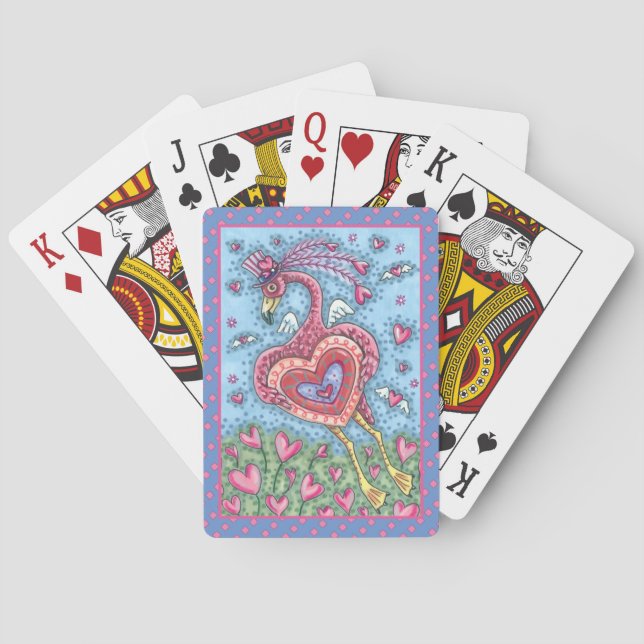 PINK FLAMINGO CUPID AND FLYING HEARTS VALENTINE PLAYING CARDS (Back)